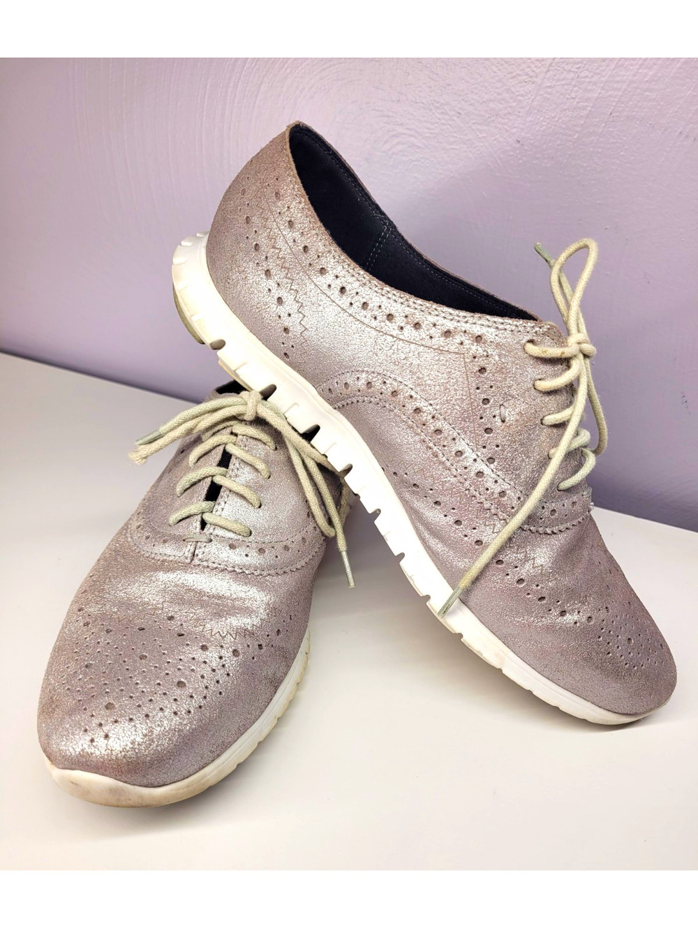 RARE Cole Haan Zerogrand Oxford Wingtip Silver LaceUp Sneakers Plaid Lining 7.5B